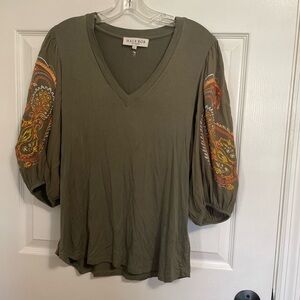 Hale Bob Olive Top with Orange Paisley Sleeves